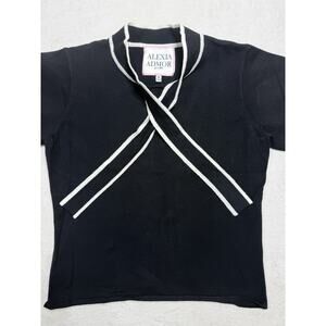 Alexia Admor Black White Trim B/W Criss Cross Front Knit Top M Preppy Old-Money